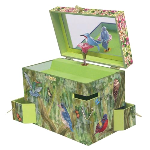 Enchantmints Birds On A Breeze Musical Jewelry Box Bird Spins to Brahms Waltz 3 Pullout Drawers Treasure Storage