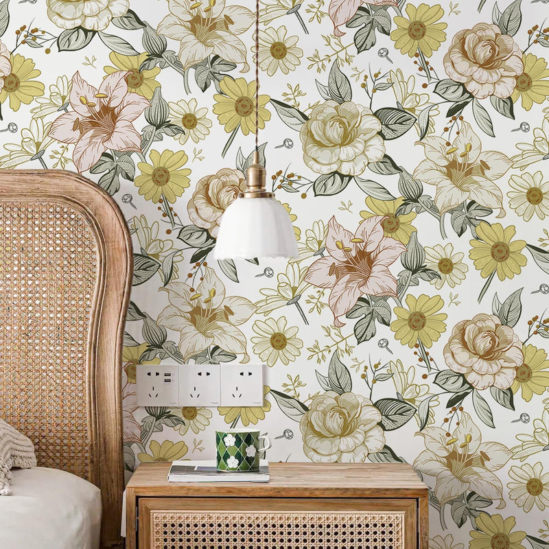 [Australia - AusPower] - Aniboo Floral Wallpaper Peel and Stick Wallpaper Boho Wallpaper for Bedroom Vintage Removable Wallpaper Self Adhesive Floral Contact Paper for Cabinets Modern Bathroom Wallpaper Yellow 17.3"x78.7" 17.3"Ã—78.7" 