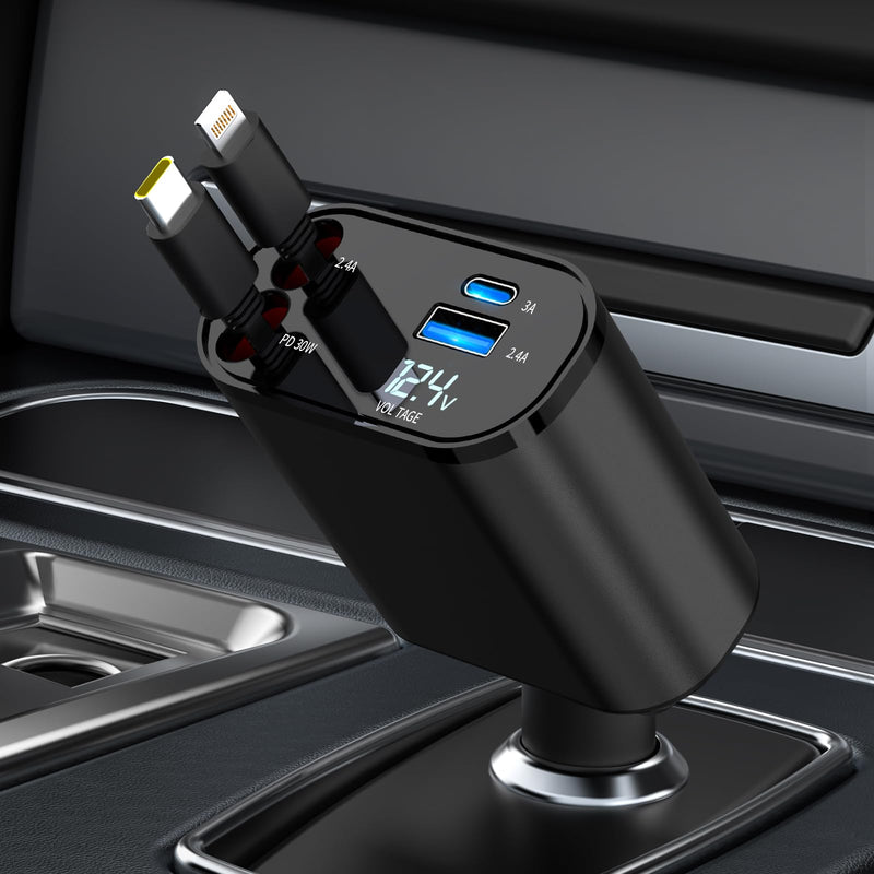 [Australia - AusPower] - Retractable Car Charger, 4 in 1 Fast Charging Car Charger 60W, Retractable Cable and 2 USB Ports Car Charger Adapter Compatible with iPhone 15 14 13 12 11 Pro Max, Galaxy S23, Pixel Car Charger Type C+Lightning-CL B 