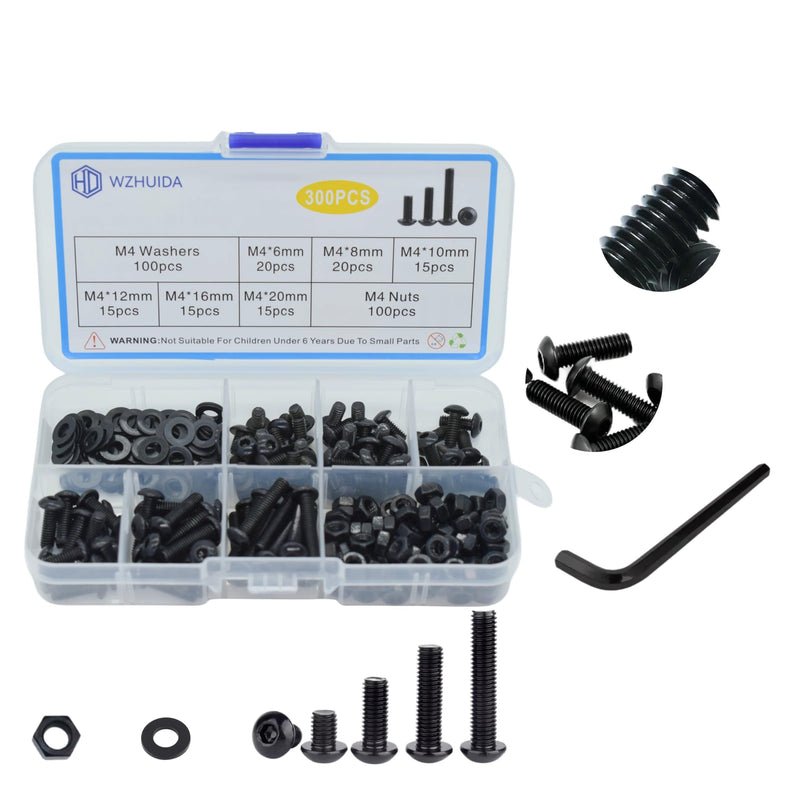 [Australia - AusPower] - 300Pcs M4 Screw Assortment Button Head Socket Cap, M4*6mm, 8mm, 10mm, 12mm, 16mm, 20mm, Metric Bolts Nuts Washers Kit with 1 Hex Allen Wrench, Black Zinc Plated Anti Rust Upgrade M4 300Pcs 6mm-20mm 