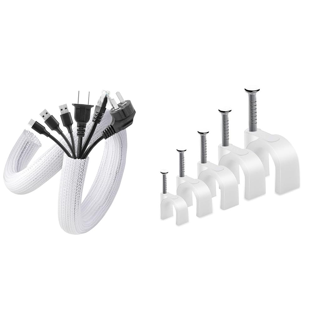 [Australia - AusPower] - AGPTEK White Cable Sleeve Cover 2 Pack 5ft - 1.2inch and 500pcs Cable Clips with Steel Nails 4mm 5mm 6mm 8mm 10mm 