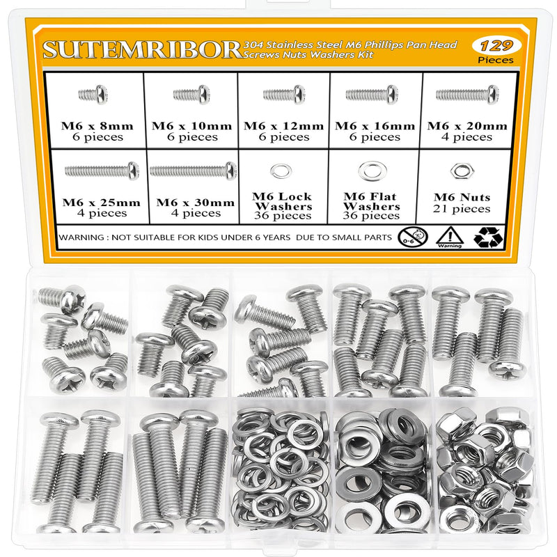 [Australia - AusPower] - 129 Pieces M6 Machine Screws Nuts Washers Set, Sutemribor M6 x 8/10/12/16/20/25/30mm Phillips Pan Head Machine Screws Nuts Washers Assortment Kit, 304 Stainless Steel, Fully Threaded 