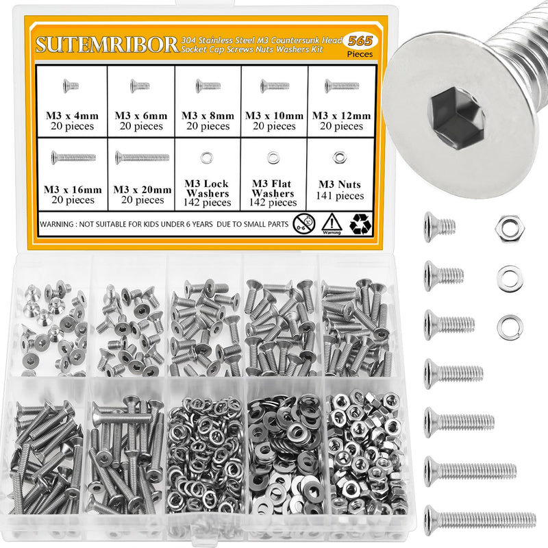 [Australia - AusPower] - 565 Pieces M3 Screws Nuts Washers Set, Sutemribor M3 x 4/6/8/10/12/16/20mm Countersunk Head Socket Cap Screws Nuts Washers Assortment Kit, 304 Stainless Steel, Fully Threaded 