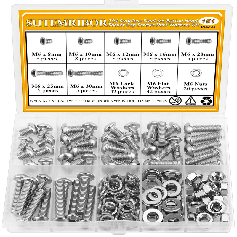 [Australia - AusPower] - 151 Pieces M6 Screws Nuts Washers Set, Sutemribor M6 x 8/10/12/16/20/25/30mm Button Head Socket Cap Screws Nuts Washers Assortment Kit, 304 Stainless Steel, Fully Threaded 