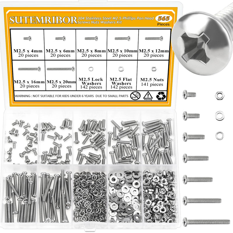 [Australia - AusPower] - 565 Pieces M2.5 Machine Screws Nuts Washers Set, Sutemribor M2.5 x 4/6/8/10/12/16/20mm Phillips Pan Head Machine Screws Nuts Washers Assortment Kit, 304 Stainless Steel, Fully Threaded 