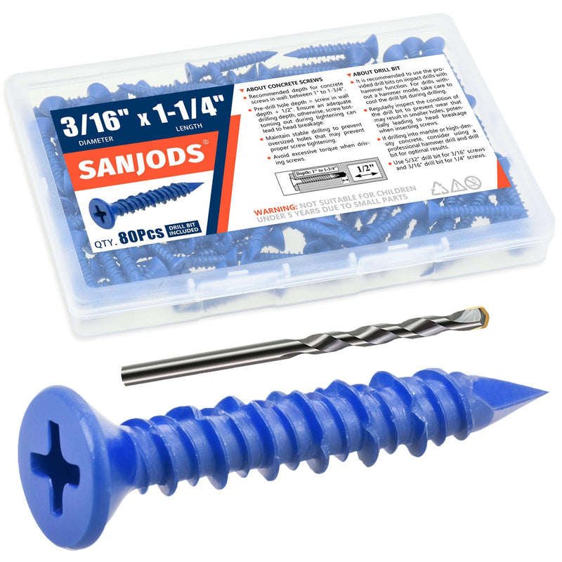 [Australia - AusPower] - 3/16" x 1-1/4" Concrete Screw Anchor, Blue Flat Head Screws for Anchoring to Masonry, Brick, Block, Cement or Stucco (Pack of 80) 3/16" x 1-1/4" 