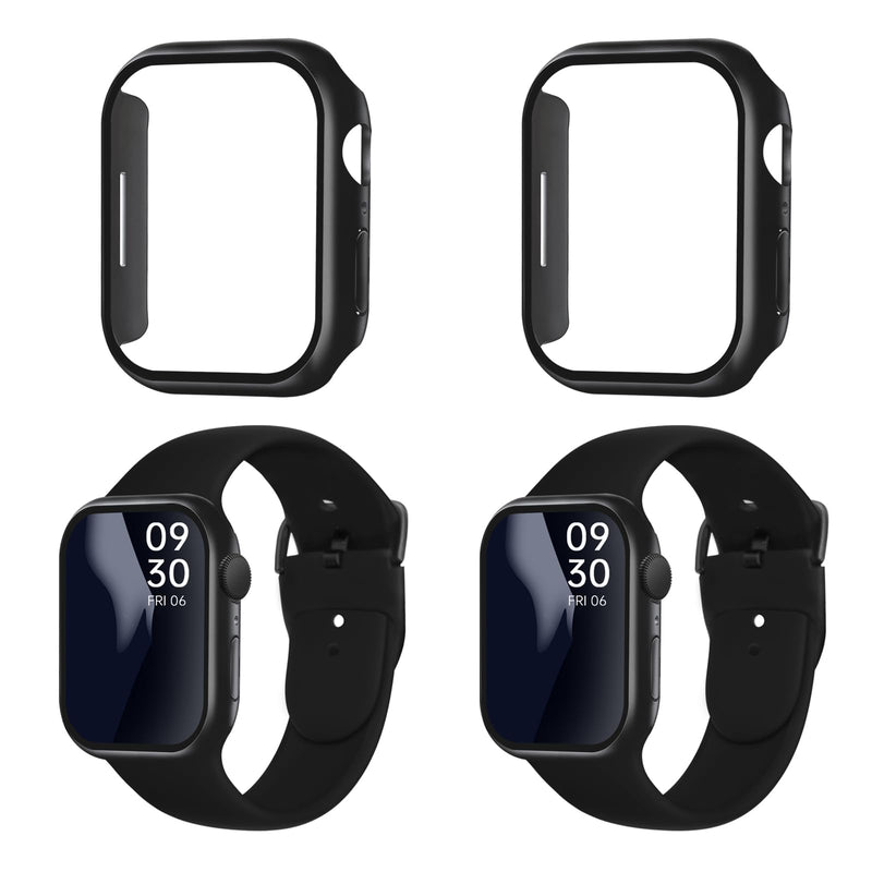[Australia - AusPower] - Smiling 2 Pack Sport Band and 2 Pack Case Built in Tempered Glass Screen Protector Compatible with Apple Watch Series 9/Series 8/Series 7 45mm,Black 2 Black Band & 2 Black Case Band L for 42/44/45mm & Case for 45mm 