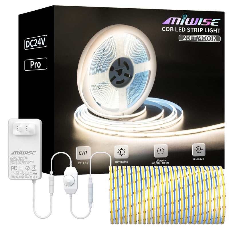 [Australia - AusPower] - MIWISE COB LED Strip Light 20ft/6.1m,CRI 90+ Natural White 4000K High Lumen Dimmable Super Bright Flexible DC24V LED Tape Light with Controller/Dimmer,for Cabinet Home Office DIY Lighting Projects 4000K-20ft/6.1m 