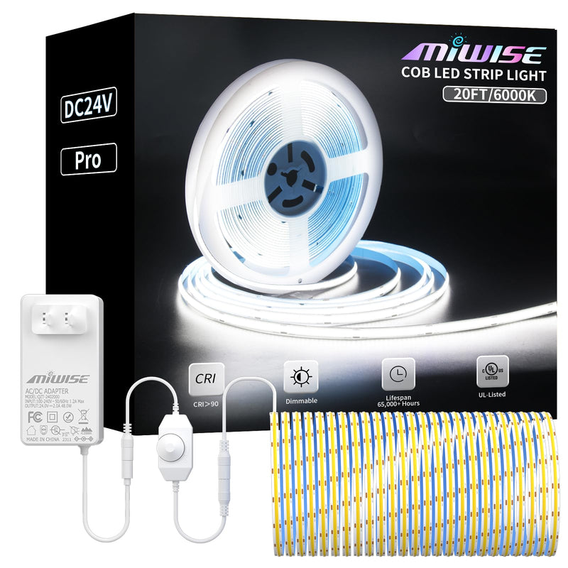 [Australia - AusPower] - MIWISE COB LED Strip Light 20ft/6.1m,CRI 90+ Warm Daylight 6000K High Lumen Dimmable Super Bright Flexible DC24V LED Tape Light with Controller/Dimmer,for Cabinet Home Office DIY Lighting Projects 6000K-20ft/6.1m 