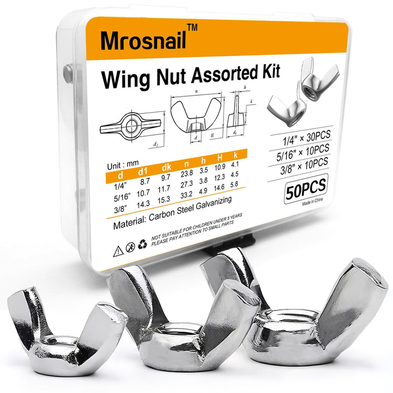 [Australia - AusPower] - 50 PCS Wing Nuts Assorted kit 1/4"-20 5/16"-18 3/8"-16 SAE Steel 3 Size Wing Nut Fasteners,Carbon Steel Zinc Plated Butterfly Wingnuts 1/4 Inch, 5/16 Inch,3/8 Inch,Hand Twist Secure Fasteners 50Pcs Assorted kit 