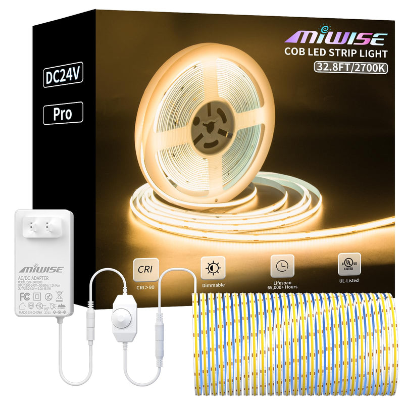 [Australia - AusPower] - MIWISE COB LED Strip Light 32.8ft/10m,CRI 90+ Warm White 2700K High Lumen Dimmable Super Bright Flexible DC24V LED Tape Light with Controller/Dimmer,for Cabinet Home Office DIY Lighting Projects 2700K-32.8ft/10m 