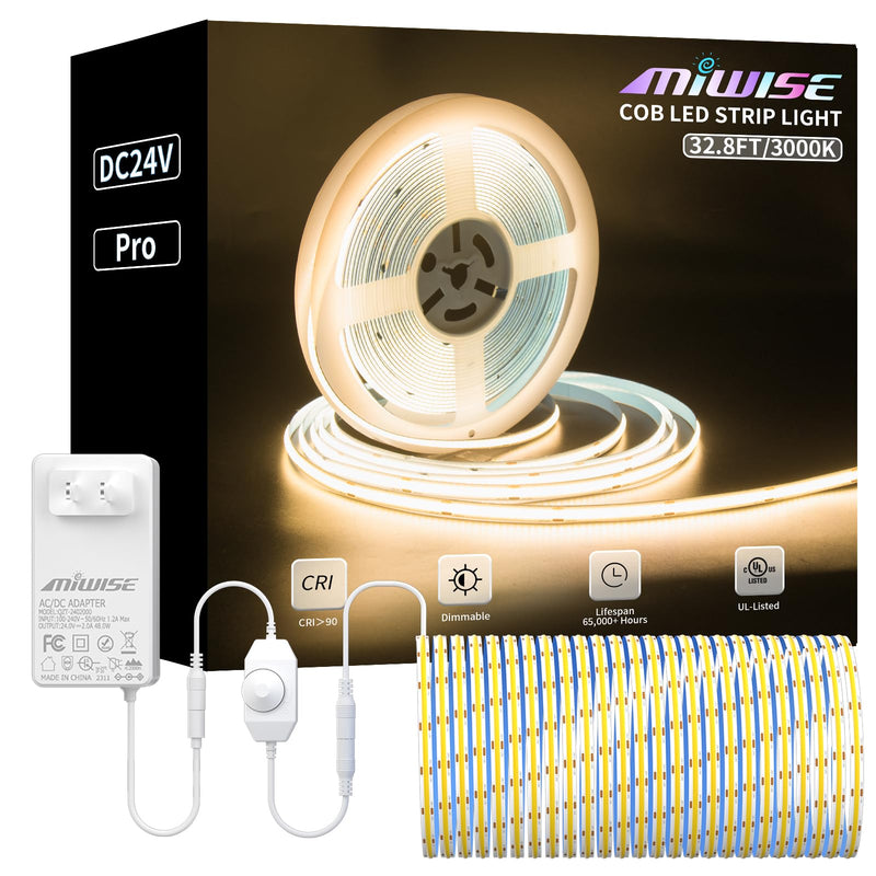 [Australia - AusPower] - MIWISE COB LED Strip Light 32.8ft/10m,CRI 90+ Warm White 3000K High Lumen Dimmable Super Bright Flexible DC24V LED Tape Light with Controller/Dimmer,for Cabinet Home Office DIY Lighting Projects 3000K-32.8ft/10m 