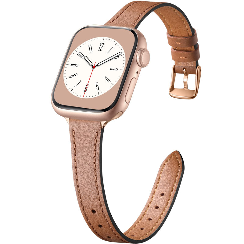 [Australia - AusPower] - Charlam Slim Leather Band Compatible with Apple Watch Band 40mm 38mm 41mm 42mm 44mm 45mm 49mm Women, Top Grain Genuine Leather Strap Thin Watch Wristband for iWatch Series 9 8 7 6 5 4 3 2 1 SE Ultra 2 A1: Brown with Rose Gold 38mm/40mm/41mm 