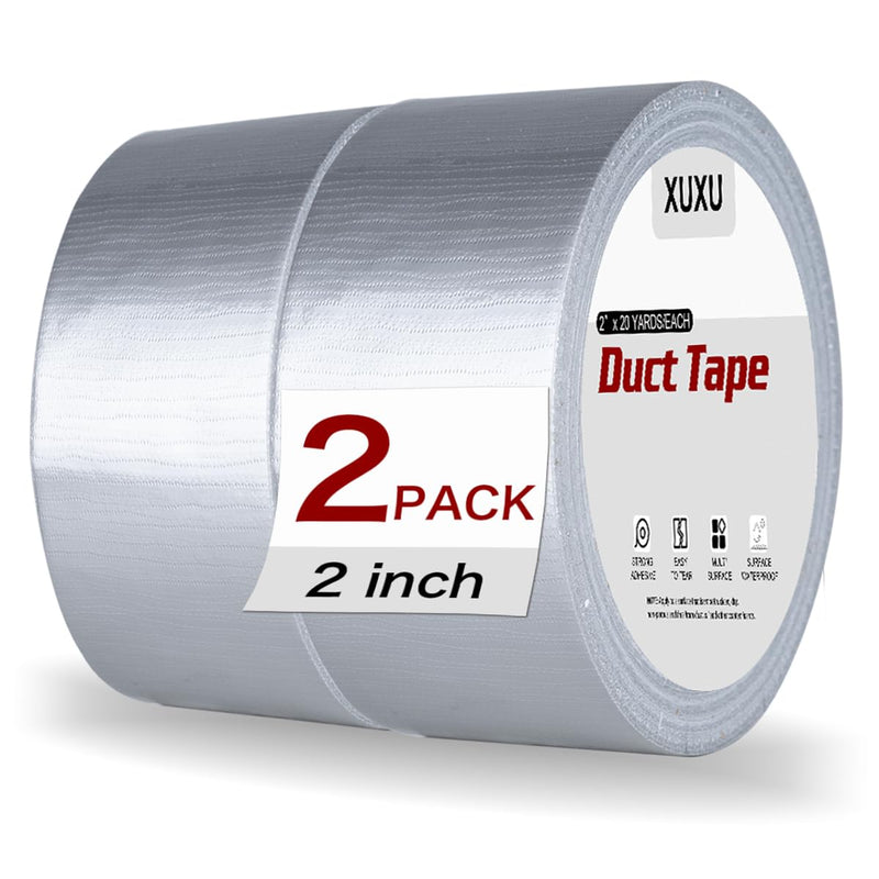 XUXU 2 Pack Duct Tape Heavy Duty Waterproof Silver Duct Tape, Strong Adhesive Duct Tape Bulk for Indoor Outdoor Repairs Tear by Hand, 40 Yards x 2 Inch Total