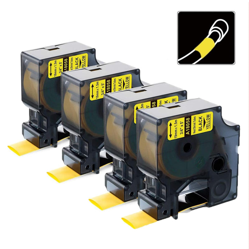 Compatible Industrial Label Tape Replace for DYMO Rhino 18058 Black on Yellow 19mm Heat Shrink Tube Label Tapes 3/4'' x 5' for DYMO Rhino 4200, 5000, 5200, 6000 Label Makers,4-Pack 3/4"