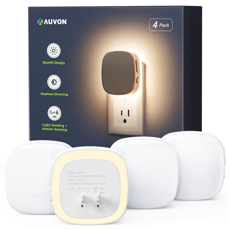 [Australia - AusPower] - AUVON Plug-in LED Backlit Night Light with Motion Sensor & Dusk to Dawn Sensor, Dimmable Warm White Nightlight with 1-50 lm Adjustable Brightness for Bedroom, Bathroom, Stairs, Hallway (4 Pack) 