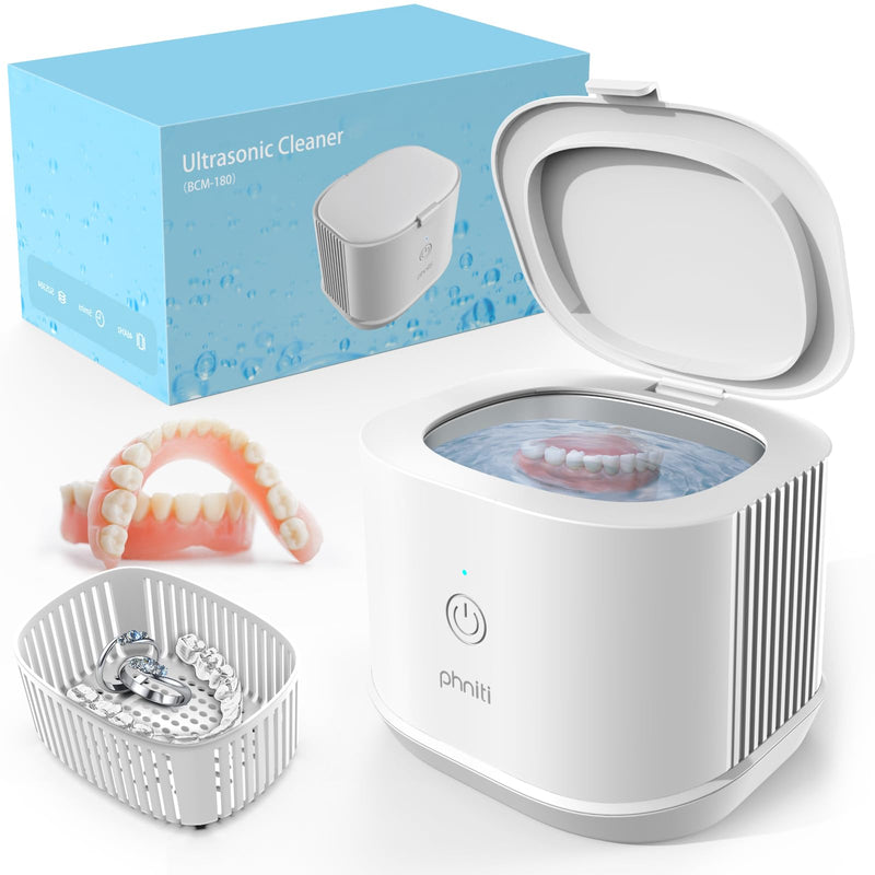 [Australia - AusPower] - Ultrasonic Jewelry Cleaner, Phniti 46kHz Professional Portable Ultrasonic Retainer Cleaner Machine with Timer for Dental Retainer, Mouth Guard, Watch, Ring, Diamond - Household Use, White 1 PACK 