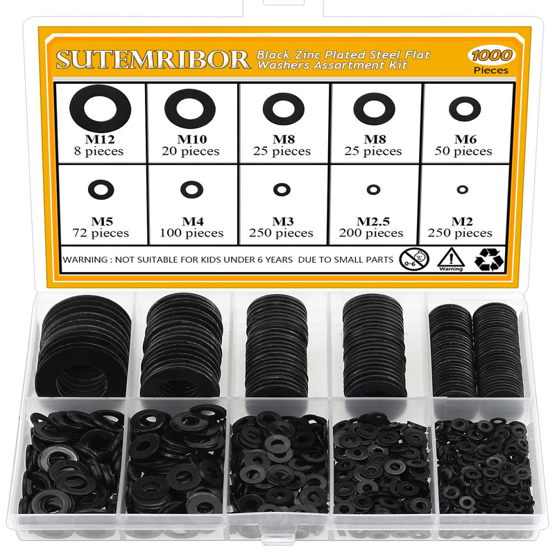 [Australia - AusPower] - 1000 Pieces 9 Sizes Black Zinc Plated Steel Flat Washers for Screws Bolts, Black Washers, Metal Washers, Assorted Washers (M2 M2.5 M3 M4 M5 M6 M8 M10 M12) 