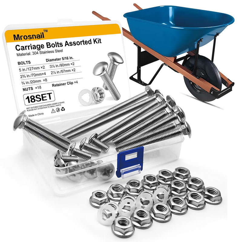 [Australia - AusPower] - Wheelbarrow Carriage Bolts and Nuts Kit,Stainless Steel Carriage Bolts 5/16-18 5”,3-1/2”,2-3/4”,2-1/4”,3/4”,Flange Hex Nuts,Nylon Retainer Clips,Wheelbarrow Handles Replacement Parts,18Sets S 