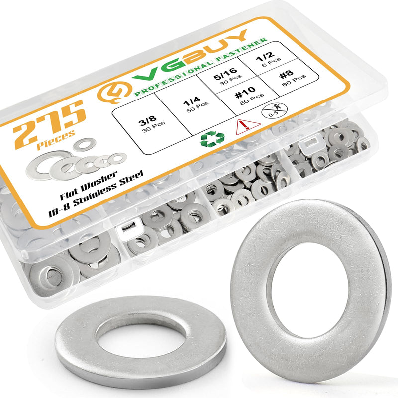 [Australia - AusPower] - 275PCS Washers Assortment Kit, Thickened 304 Stainless Steel Flat Washers for Screws, Asorted Metal Washers for Bolts, SAE Hardware Washers Set #8, 10, 1/4, 5/16, 3/8, 1/2 SAE Flat Washers Kit (275PCS) 