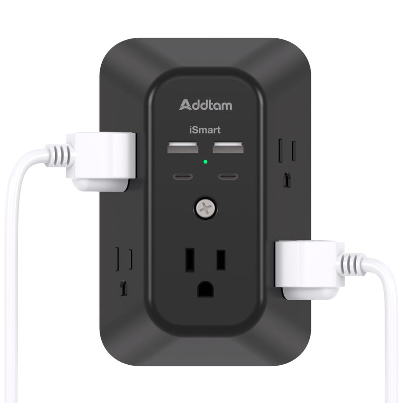 [Australia - AusPower] - Surge Protector Outlet Extender - Addtam 5-Outlet Splitter with 4 USB Wall Charger(2 USB-C Ports), Multi Plug Outlet Power Strip for Home, Dorm Room Essentials, Black 2C2A 