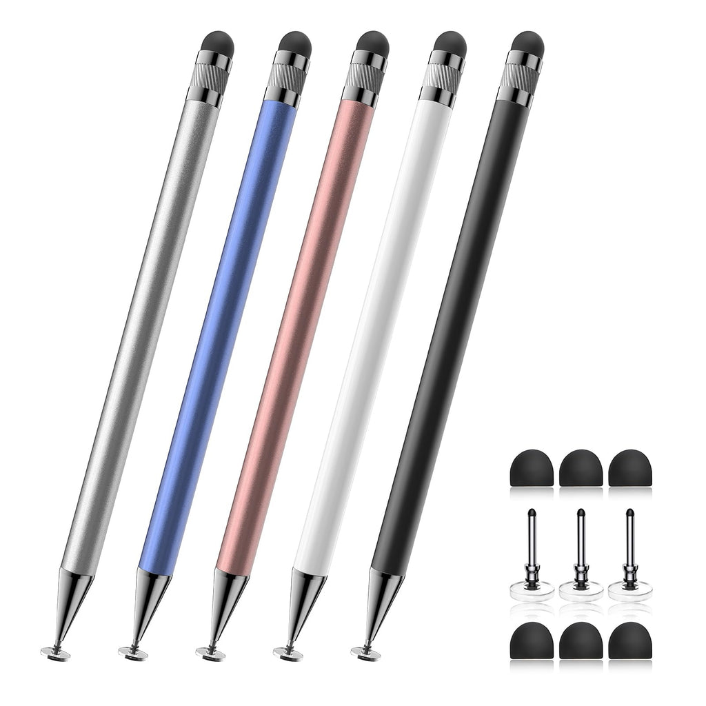 [Australia - AusPower] - Stylus (5 Pcs), 2-in-1 Stylus Pen for Touch Screen, High Precision and Sensitivity, Suitable for iPhone/ipad/Android Tablets, Compatible with All Touch Screens (Black/White/Blue/Rose Gold/Silver) Silver/Blue/Rose Gold/White/Black 
