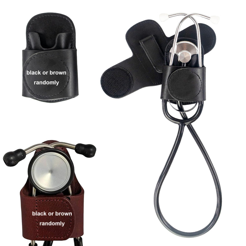 [Australia - AusPower] - Leather Stethoscope Holder Clip Stethoscope Hip Holder with Clip On Waist Belt/Pocket/Bag to Protect from Loss Fit for Physicians/Nurses/EMT/Medical Nursing Students (Black/Brown Randomly 1pcs) 