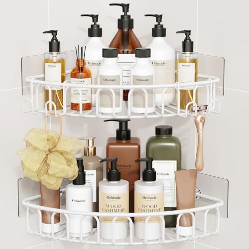 Orimade Corner Shower Caddy with 2 Hooks Wall Mounted Metal Bathroom Shelf Storage Organizer Adhesive No Drilling 2 Pack, White Only for 90-Degree Corner 2 Tier