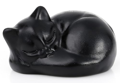 QINJIEJIE 2" Black Obsidian Cat Decor Figurines Healing Gemstone Matte Sleeping Cat Hand Carved Polished Stone Cute Kitten Statue Decor Reiki Sculpture Home Office Desk Decor
