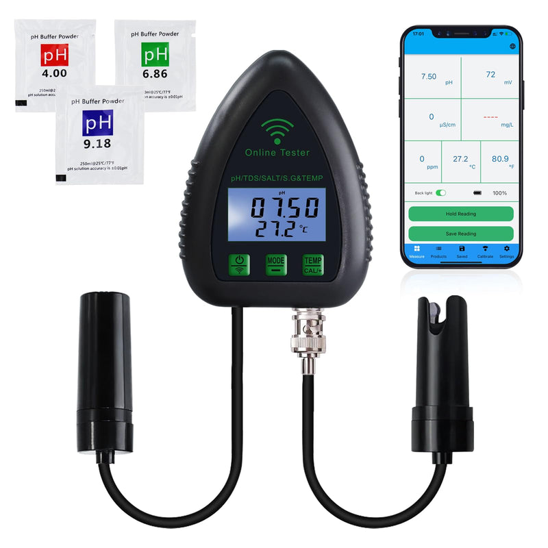 [Australia - AusPower] - 5-in-1 WiFi pH Monitor, Water Quality Tester, pH/S.G/TDS/Salt/Temperature 24/7 Online Hydroponic Monitoring WiFi Tester with Data Logging and Alarm for Aquarium Fish Pond Saltwater Pool 