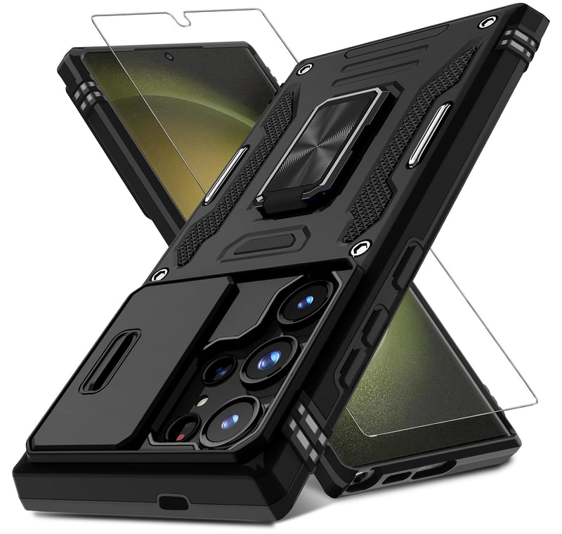 [Australia - AusPower] - DEERLAMN for Samsung Galaxy S24 Ultra Case with Slide Camera Cover+Screen Protector (1 Pack), Rotated Ring Kickstand Military Grade Shockproof Protective Cover-Black Samsung Galaxy S24 Ultra-6.8Inch Black 