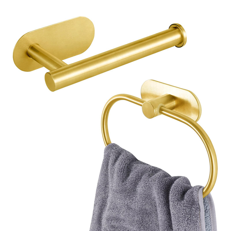 [Australia - AusPower] - Toilet Paper Holder/Towel Ring Self Adhesive, Eolax No Drilling Gold Bathroom Hardware Accessories, Stainless Steel Sticky Toilet Roll Hanger and Hand Towel Holder, Wall Mounted, 2 Pieces 