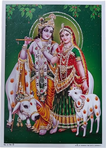 Rastogi Handicraft India Best Of Reprint Hindu God Poster/Picture With Unframed (White Paper, Radha-Krishna-With-Cow-7"X5")