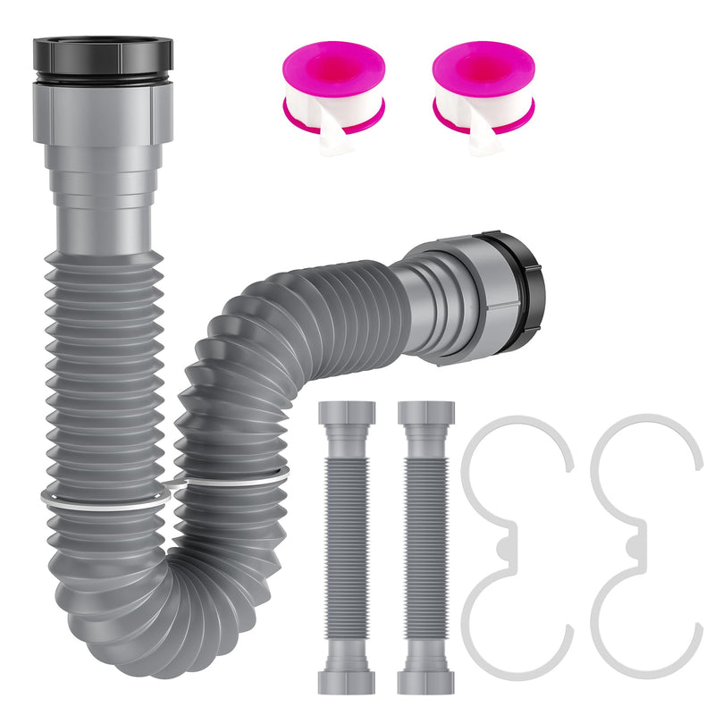 [Australia - AusPower] - SAINT NIEVE 2 Pack Expandable Flexible 1 1/2" or 1 1/4" P-Trap Pipe for Single Kitchen Sink, Drain Pipe Kit With Adapter Seal Ring, for Kitchen Sink Drainage and Garbage Disposal (Gray) 