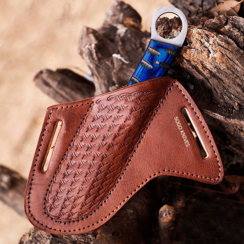 [Australia - AusPower] - SOGO KNIVES Leather Knife Sheath for Belt, Slanted Pancake Sheath, Tooled Leather Sheath, Beautiful Cow Boy Bull Cutter Knife Leather Cover 100% Real Leather Cross Draw Sheath BROWN 