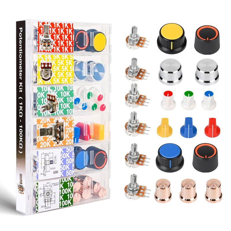 [Australia - AusPower] - EEEEE 75pcs Potentiometer kit with Rotary knobs 1k 5k 10k 20k 50k 100k Guitar Pedal Potentiometer Assortment kit Potentiometer Linear Rotary (75pcs Potentiiometer with Knobs) 75pcs Potentiiometer with Knobs 
