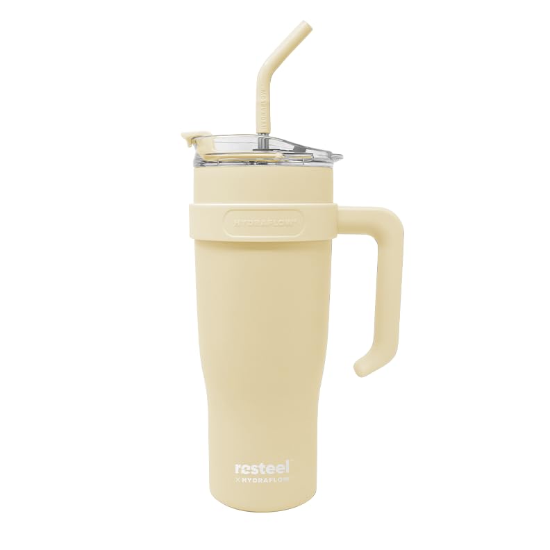 HYDRAFLOW Re-Steel Capri Water Bottle: 40oz Triple Wall Vacuum Insulated, Recycled Stainless Steel, Leak Proof, BPA-Free, w/Flip Straw – Perfect for Sports, Travel and Hydration - Bamboo Silk 40 Ounces