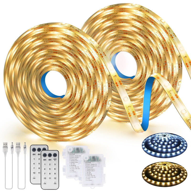 [Australia - AusPower] - 2 Pack Battery Powered Led Lights, 2700K-6000K Tunable White 9.9Ft 90LED Under Cabinet Lights led light strips with Remote & USB Dimmable,Timer,Cuttable for Kitchen,Shelf,Stairs,Desk,Indoor,Outdoor 9.9Ft 90LED 2Pack 