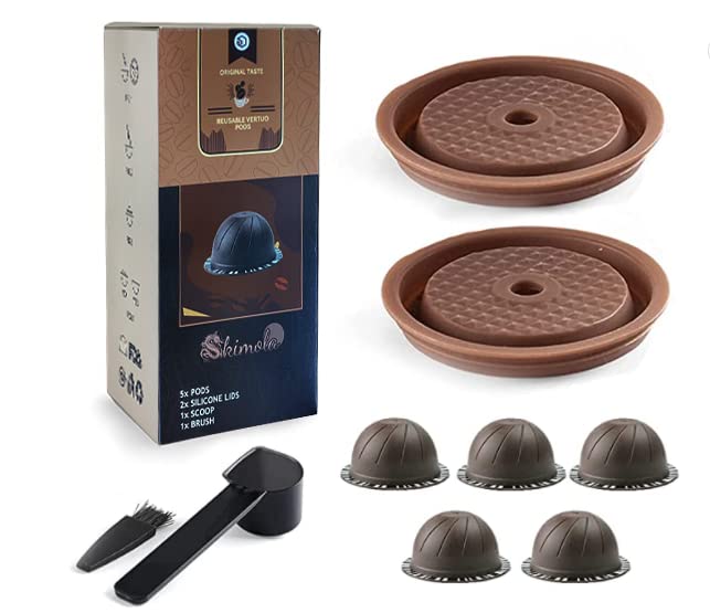 [Australia - AusPower] - Reusable Vertuo Pods(5Pcs), Replacement Refillable Coffee Capsules for Vertuoline and Vertuo Pod, 230 mL Coffee Pods for Nespresso Vertuo Series, with 2 Pcs Reusable Silicone Lids, Scoop, Brush 