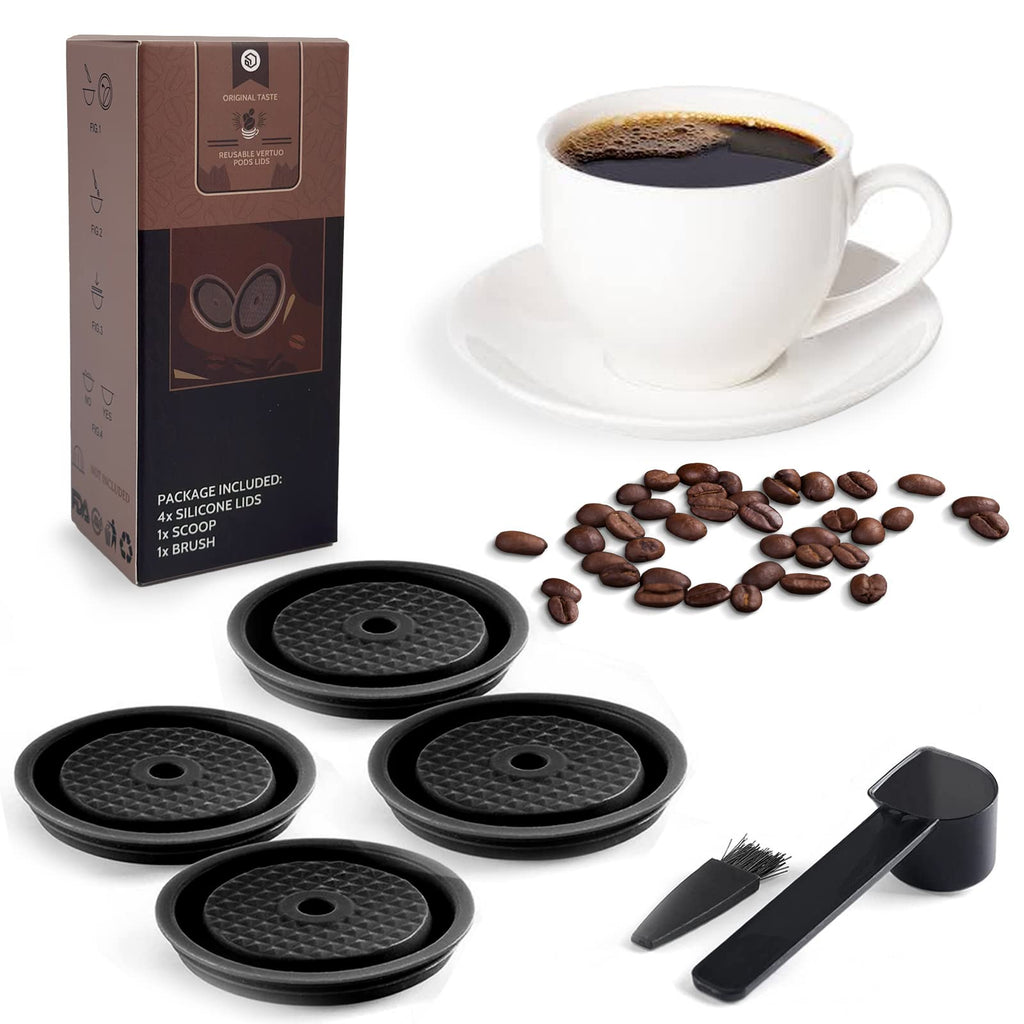 [Australia - AusPower] - Reusable Coffee Capsule Lids, Food Grade Silicone Caps for Any Size Nespresso Vertuo Pods, Vertuo Pod Lid for Refillable Nespresso Vertuo Capsule with Scoop and Brush, 4 PCS(Black) Black 