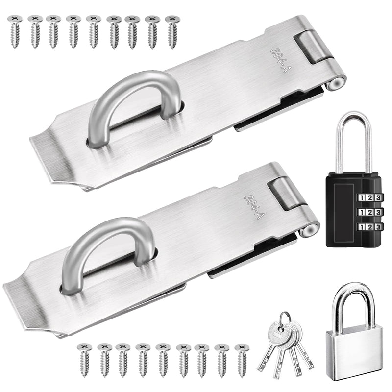 [Australia - AusPower] - 2PCS Door Locks Hasp Latch,5 Inch 304 Stainless Steel Safety Locks for Doors,Extra Thick Hasp Lock Latch with Lock, with Screws, Padlock and Combination Lock. 5inch 