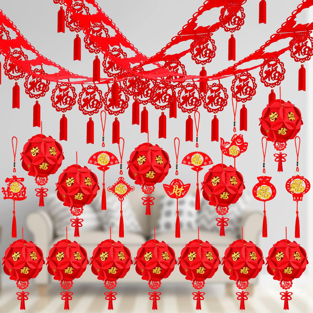 [Australia - AusPower] - Tatuo 38 Pcs Chinese New Year Hanging Decorations Chinese Spring Festival Lanterns Fu 3D Hanging Red Lanterns Tassels Luck Ornaments for Chinese New Year Christmas 2024 New Year Eve Party Supplies 