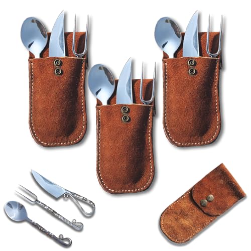 Customize Stainless Steel Viking Medieval Feasting Set, Handmade Mirror Polished Viking Twisted Pattern Flatware With Leather Pouch, Perfect for Cosplay and Gift for Loved Ones (Person 3) Person 3