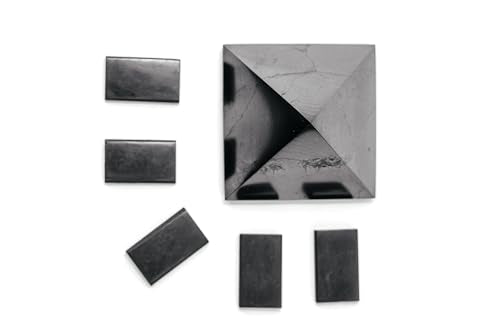 Shungite Pyramid 4cm and 5 Protective Stickers - Natural Mineral Stone for Home Office Desk Decor, Meditation Gift