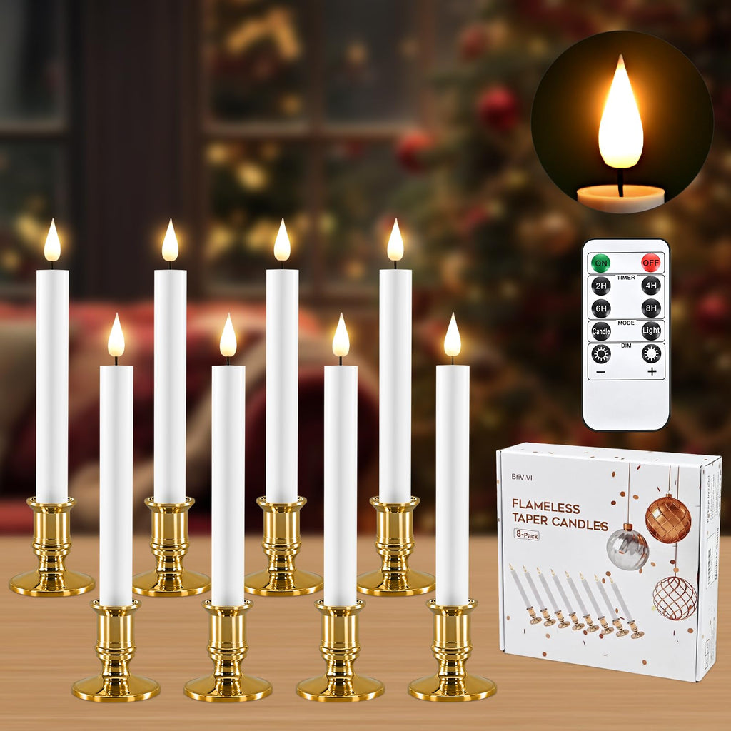 [Australia - AusPower] - BriVIVI LED Flameless Candle 9.64'' with Remote Timer, Battery Operated 3D Wick Candle Light Flickering Like Real Wax with Golden Candleholders for Christmas/Home/Wedding/Gift/Holiday (8-Pack) 8-Pack 