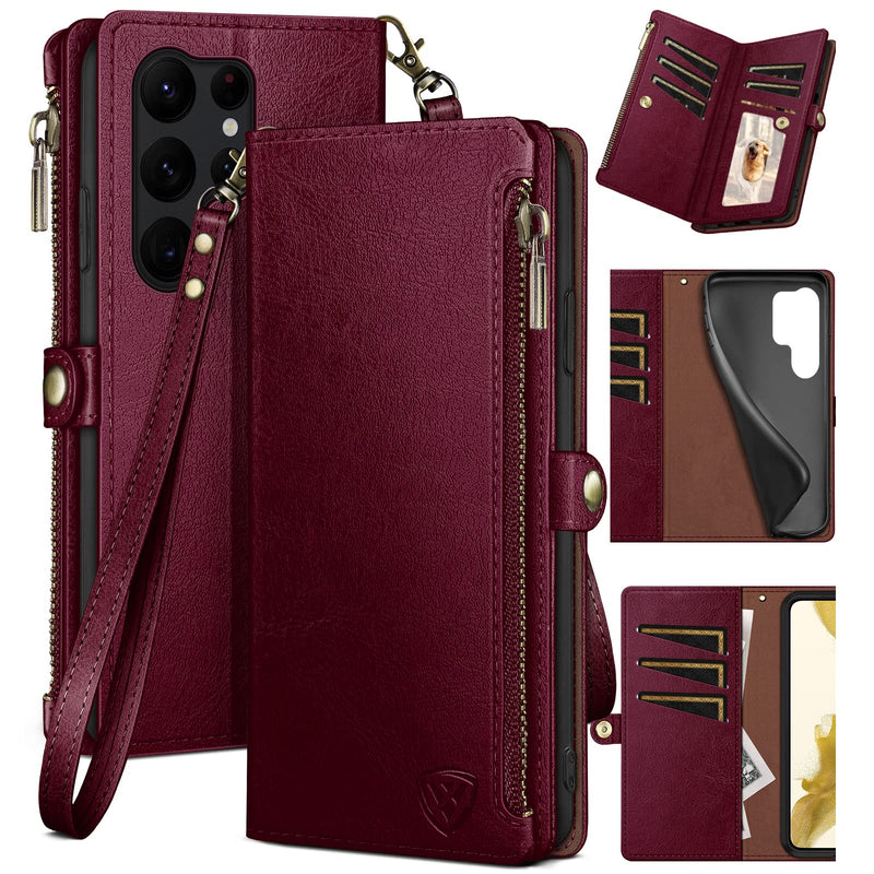 [Australia - AusPower] - XcaseBar for Samsung Galaxy S24 Ultra Wallet case with Zipper Credit Card Holder RFID Blocking,Flip Folio Book PU Leather Shockproof Protective Cover Women Men Samsung S24Ultra Phone case Wine Red 
