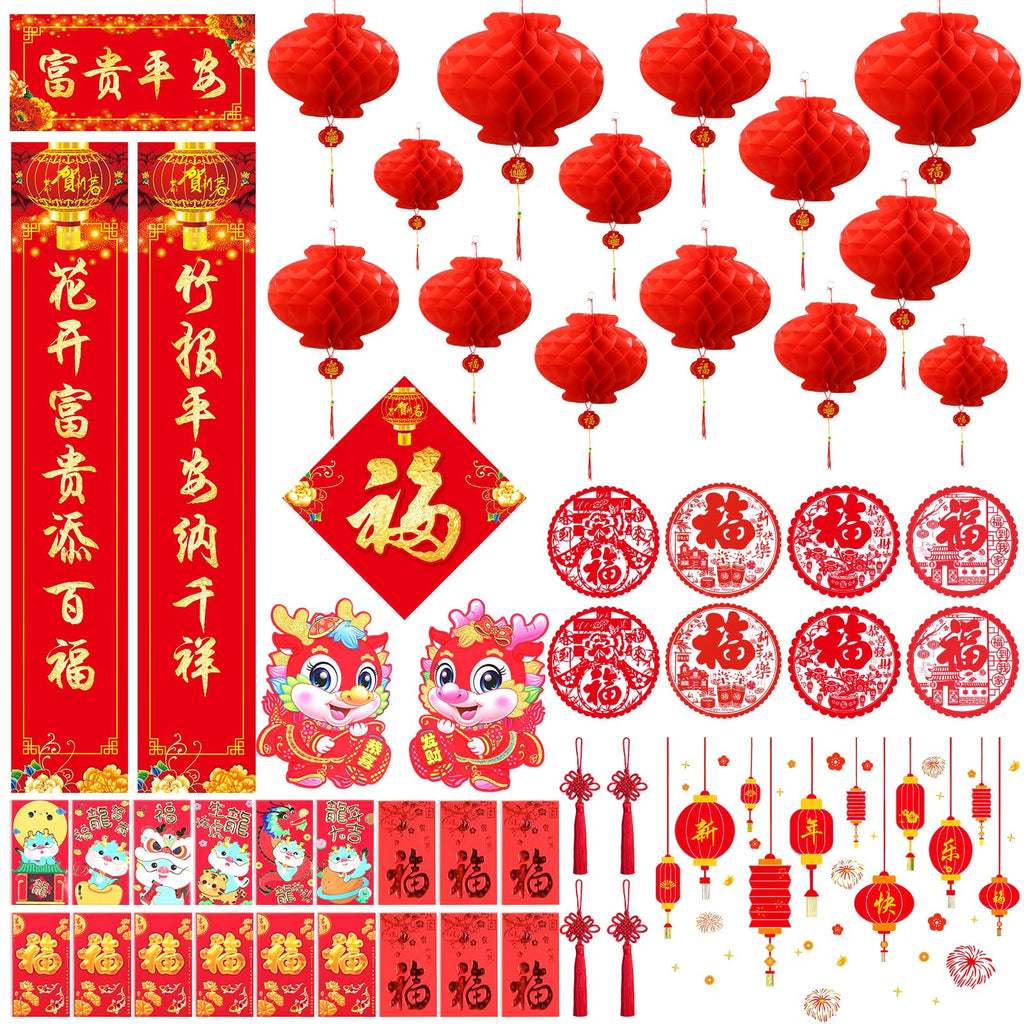 [Australia - AusPower] - 2024 Chinese New Year Decorations, 52PCS Spring Festival Dragon Year Chinese Couplets Chunlian Red Envelope Hong Bao Fu Character Window Clings Paper Lanterns Chinese Knots for Party Decor 