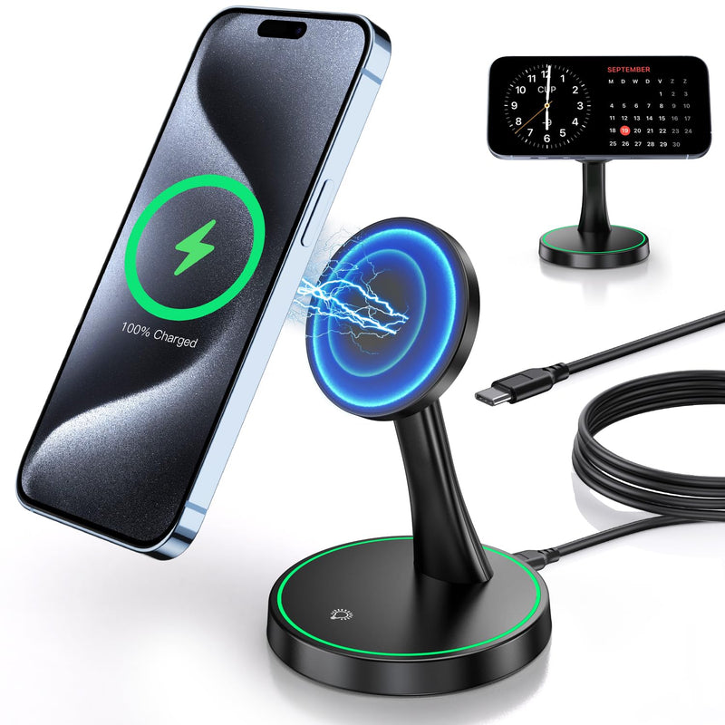 [Australia - AusPower] - Magnetic Wireless Charger Stand 15W Fast Mag-Safe Charger for iPhone 15/15 Pro/15 Plus/15 Pro Max/14/13/12 Series Magnet Wireless Charging Station/Pad with Sleep-Friendly Light for AirPods 3/Pro/Pro 2 Black 