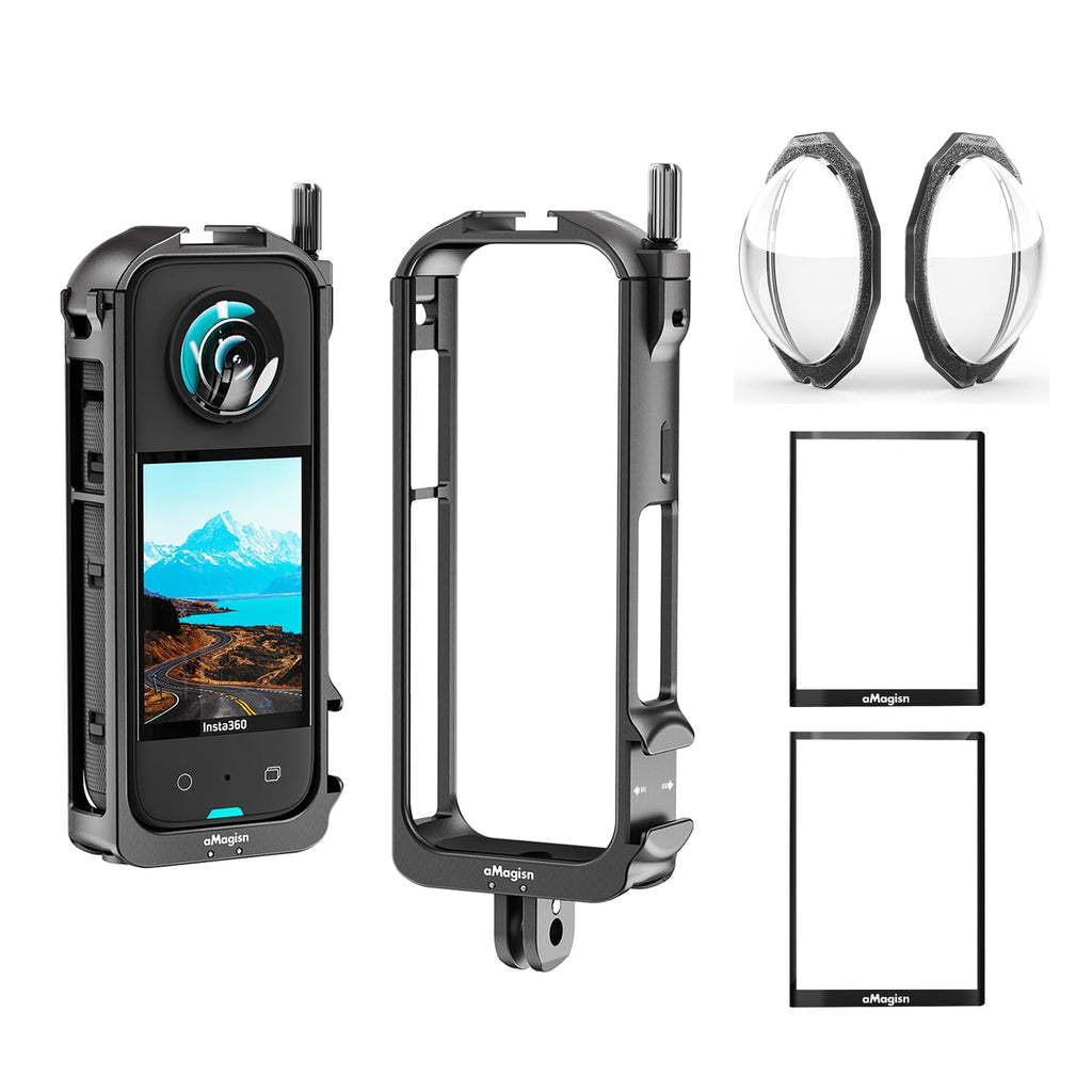 [Australia - AusPower] - 360 X3 Aluminium Protective Cage with Sticky Lens Guards Cap and Screen Protector for Insta360 X3,Metal Durable Housing Frame with Cold Shoe Mount,Bundle Accessories for Insta 360 X3 X3 cage with lens cap and screen protector 