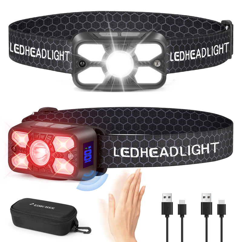 [Australia - AusPower] - Elmchee Rechargeable Headlamp,2 Pack 2500 Lumen Bright 5 Led Headlamp,14 Modes Adjustable Motion Sensor Headlight with Red Light for Adults& Kids,USB C Waterproof Head Flashlight for Outdoor Hiking 